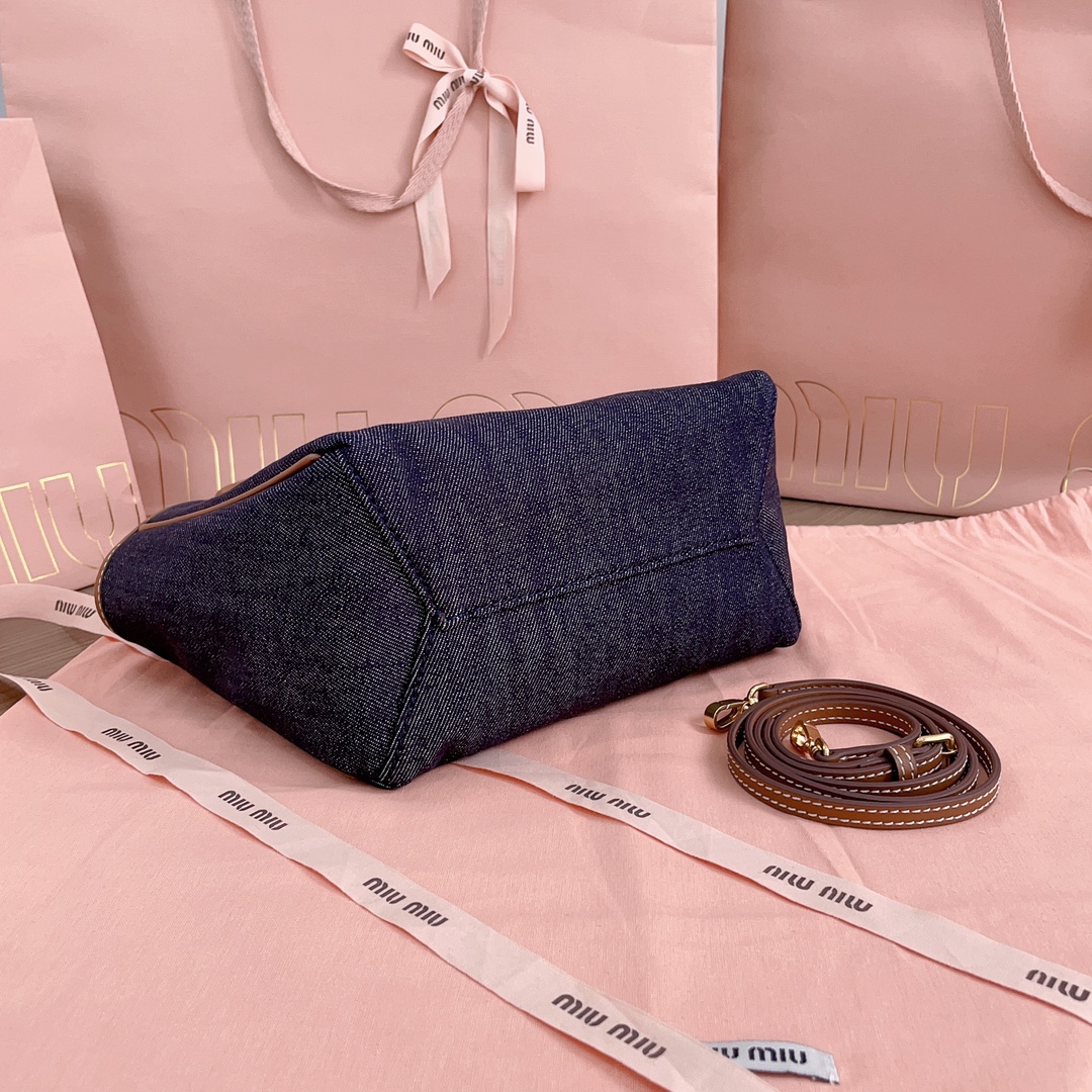 [TOP] Miu Miu Isedan Tote Bag Denim with Calfskin 22x14x11cm/28x26x12.5cm/38x38x18cm - Denim Blue