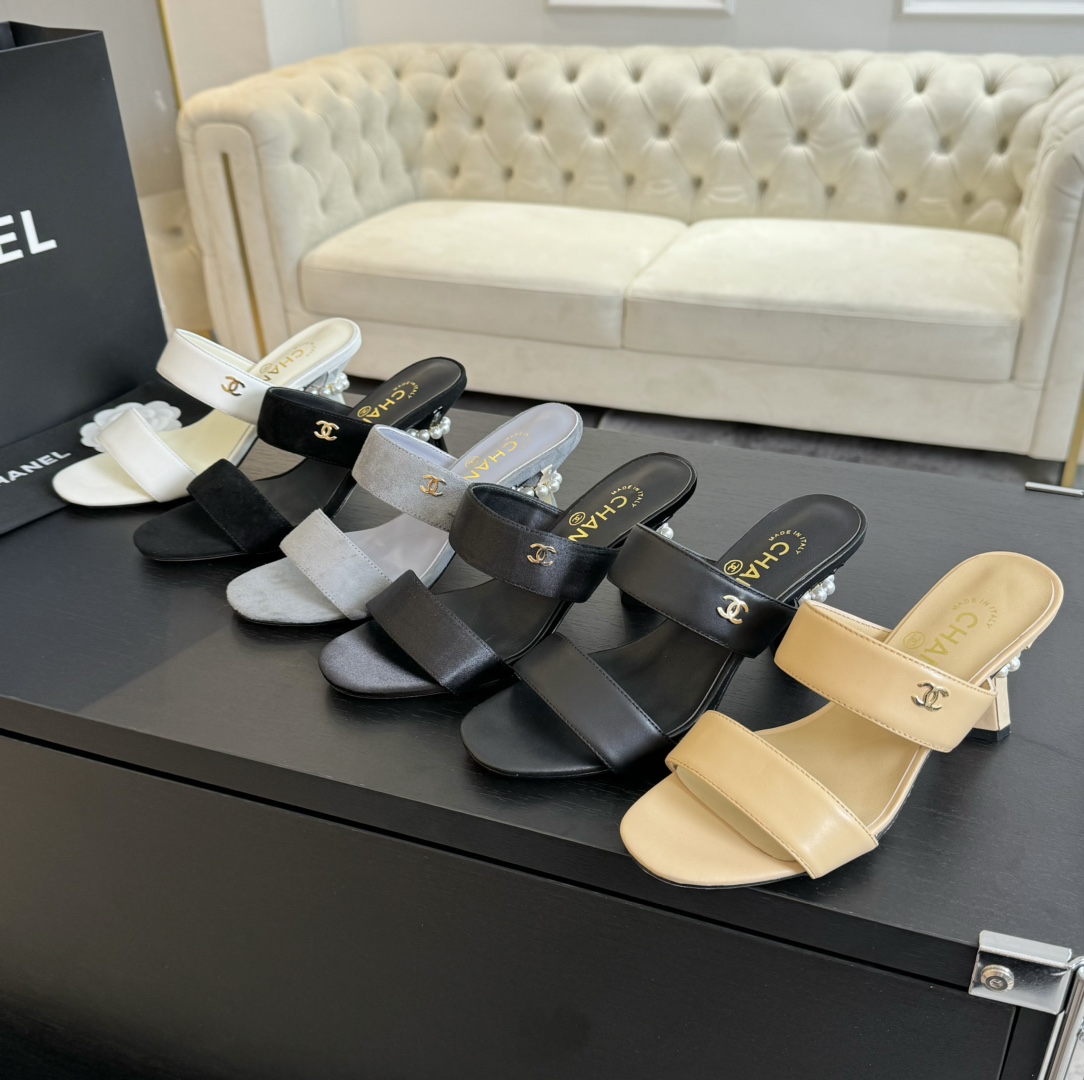[TOP] CHANEL Pearl Heel 6.5cm High Heel Slides - 6 Color