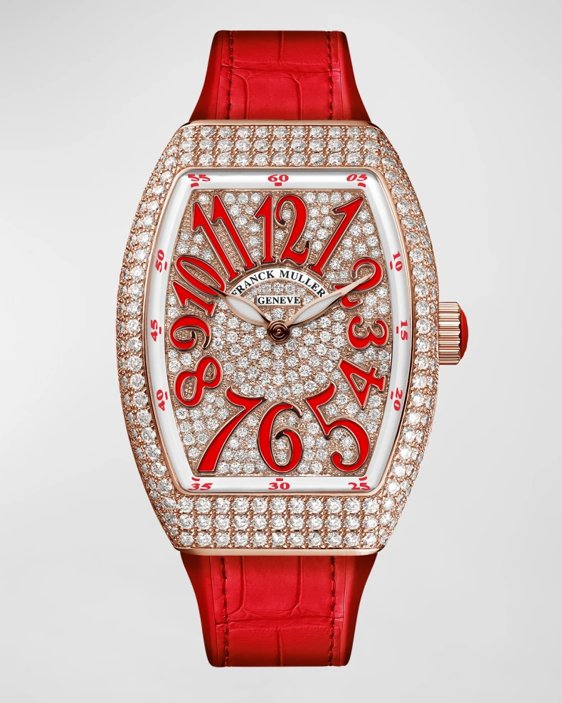 [TOP] Franck Muller 18K Rose Gold Diamond Lady Vanguard Watch with Red Alligator Strap