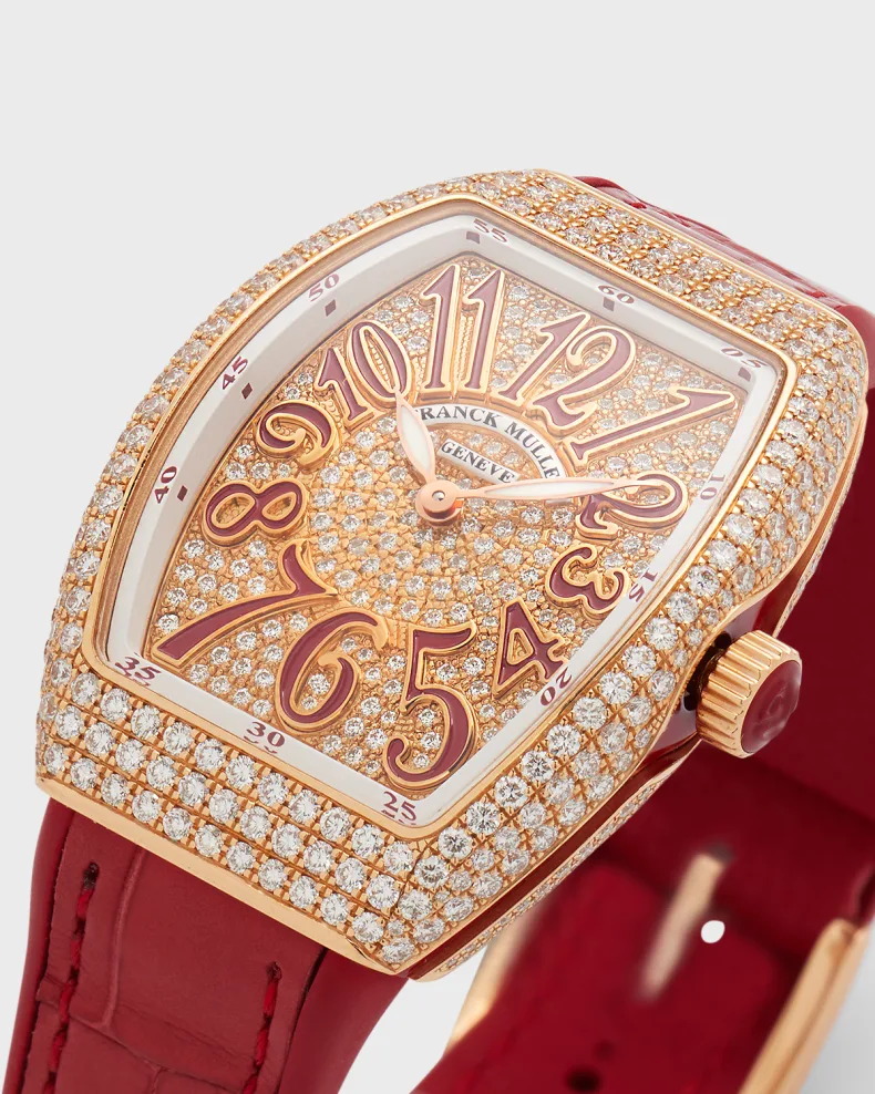 [TOP] Franck Muller 18K Rose Gold Diamond Lady Vanguard Watch with Red Alligator Strap