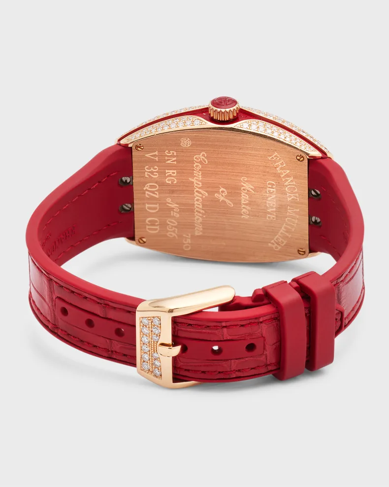 [TOP] Franck Muller 18K Rose Gold Diamond Lady Vanguard Watch with Red Alligator Strap