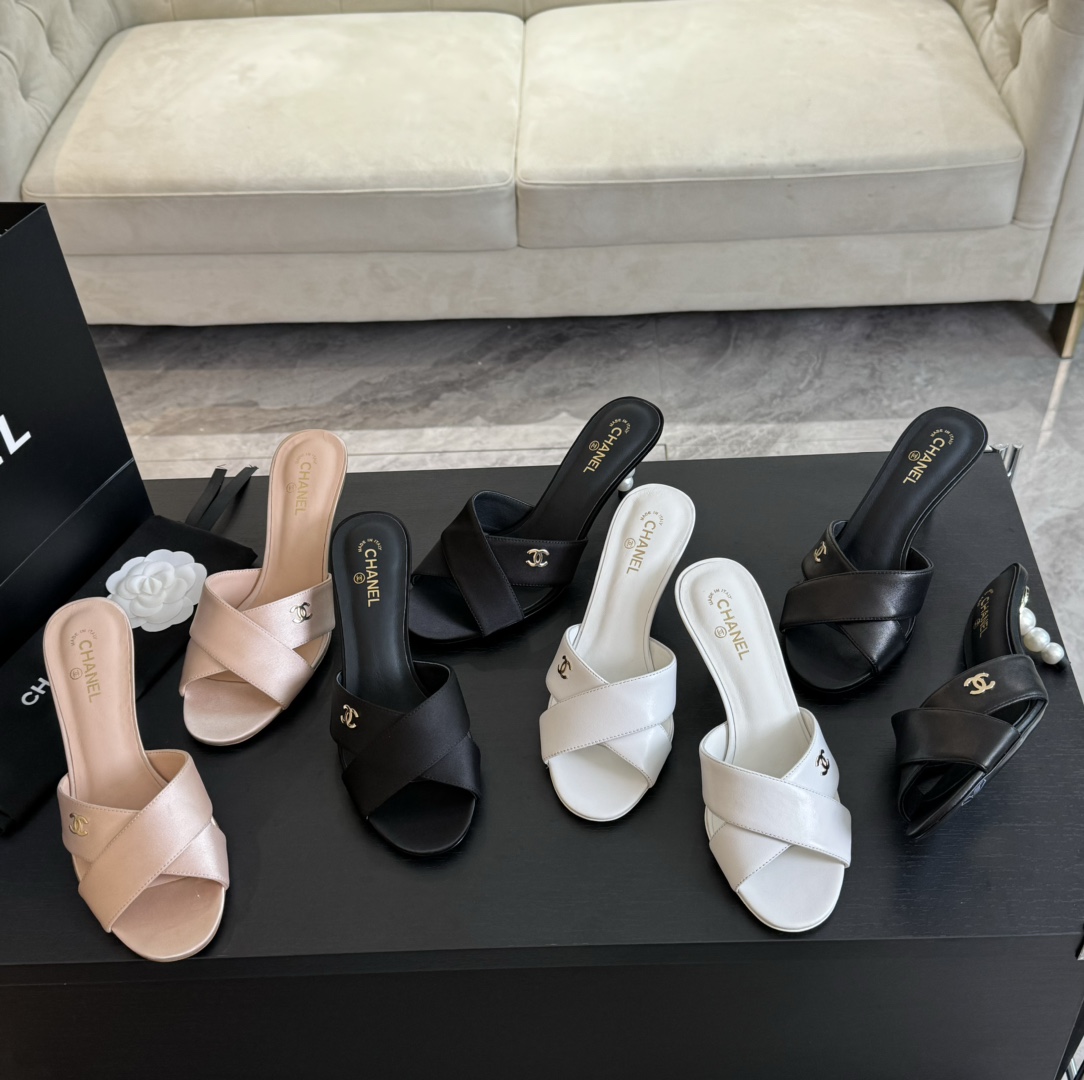 [TOP] CHANEL Pearl Heel 7cm High Heel Slides - 4 Color
