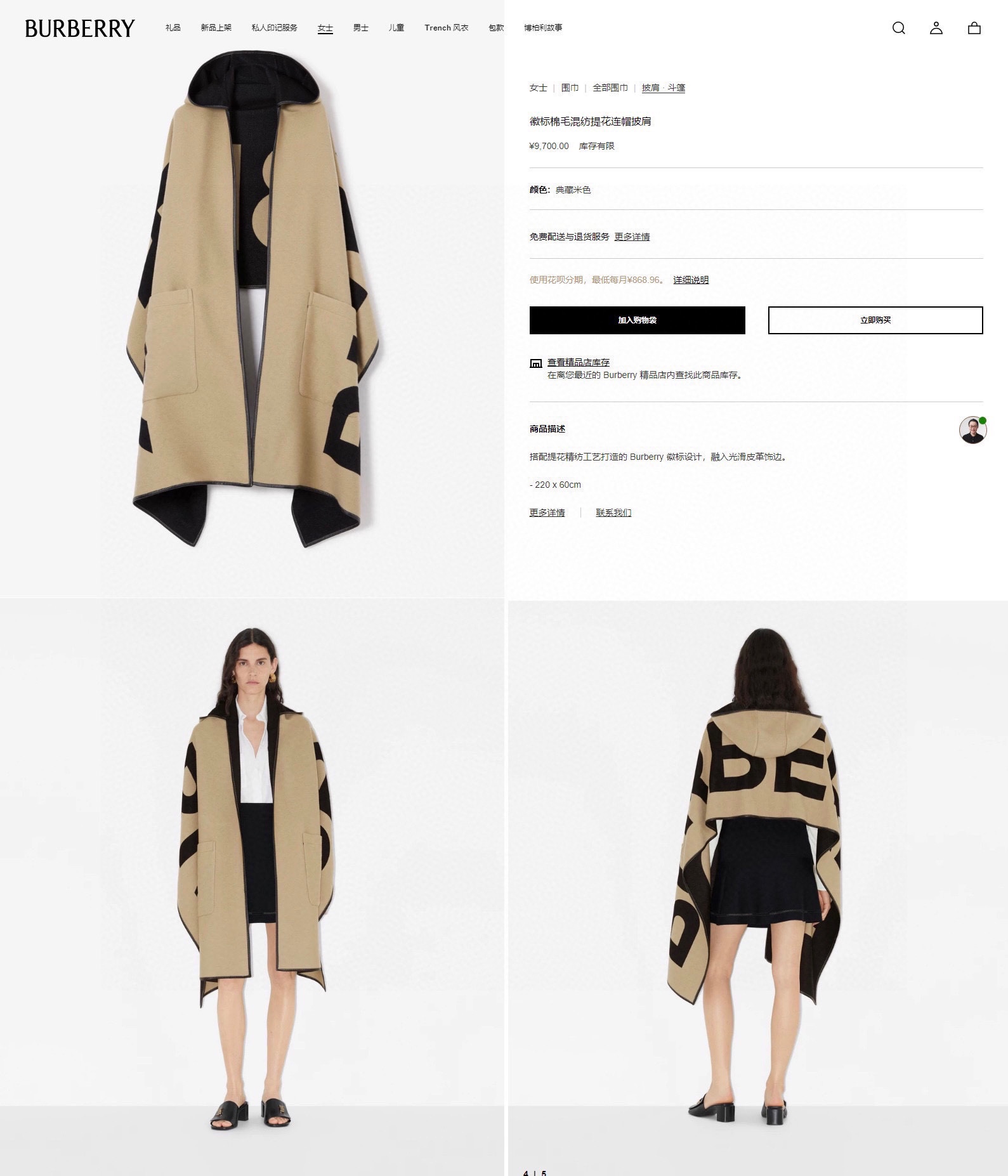 [TOP] BURBERRY Hooded Cape Scarf 187x45 cm - Brown