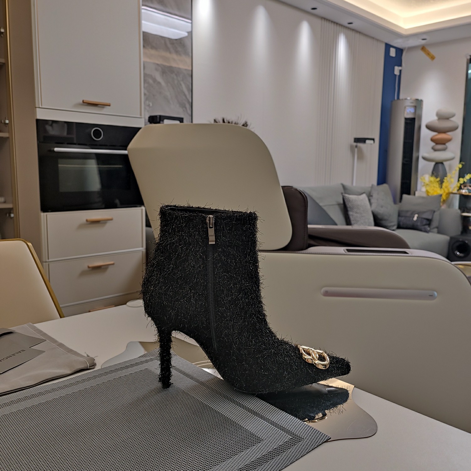 [TOP] BALENCIAGA 10cm High Heel Tweed Boots with BB Logo -  Black