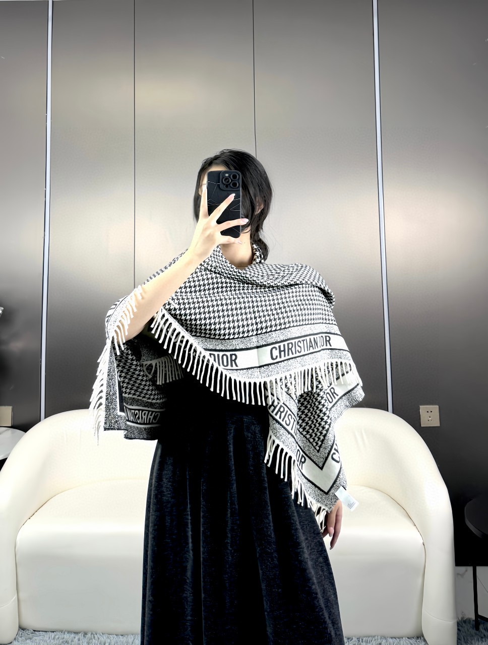 [TOP] Christian Dior Large CD Houndstooth Print Square Scarf 140x140cm - Black and White