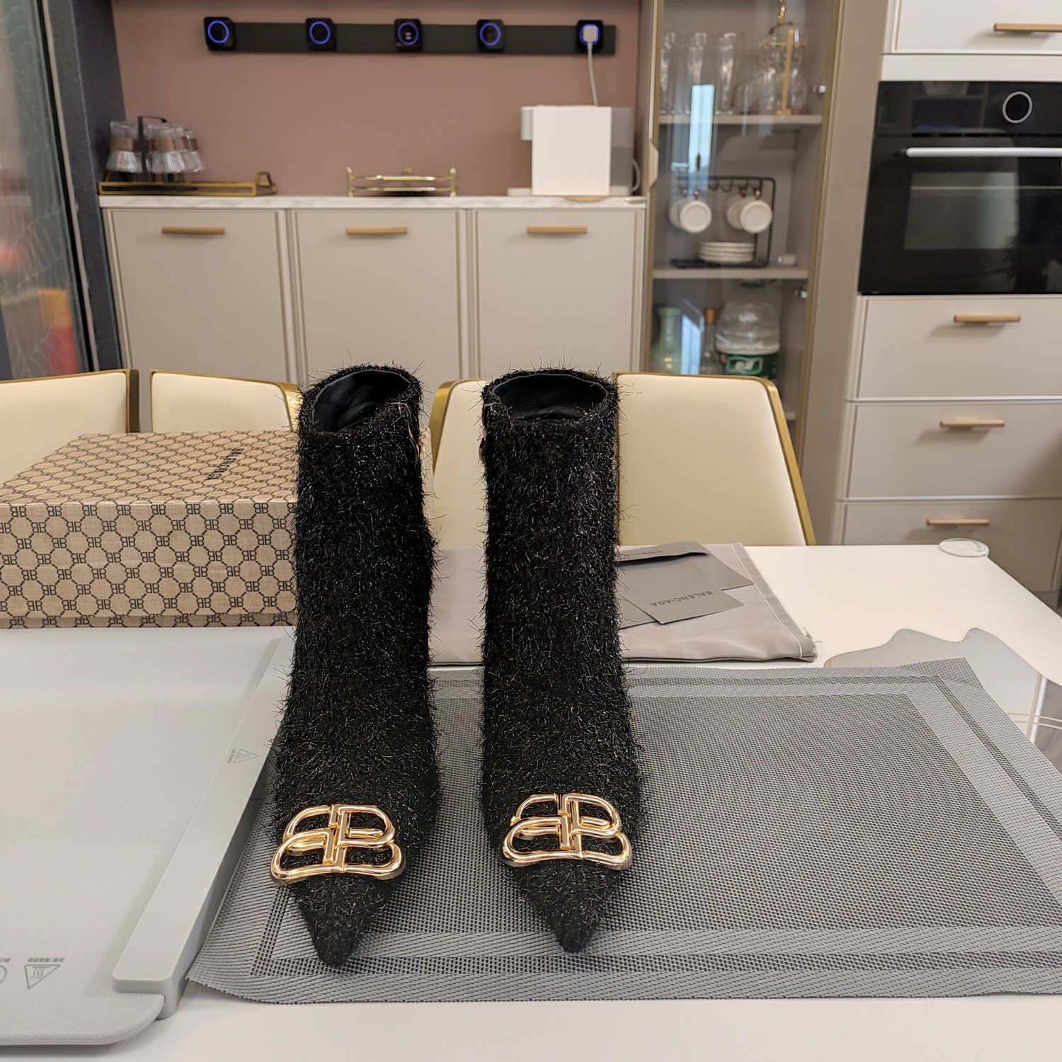 [TOP] BALENCIAGA 10cm High Heel Tweed Boots with BB Logo -  Black