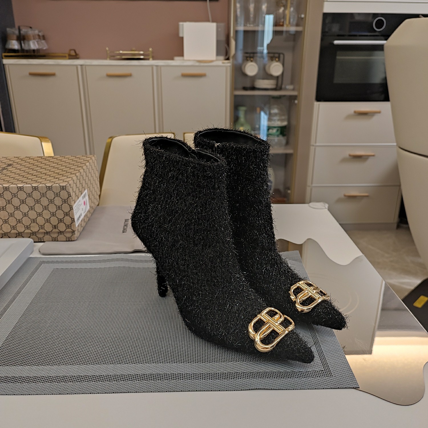 [TOP] BALENCIAGA 10cm High Heel Tweed Boots with BB Logo -  Black