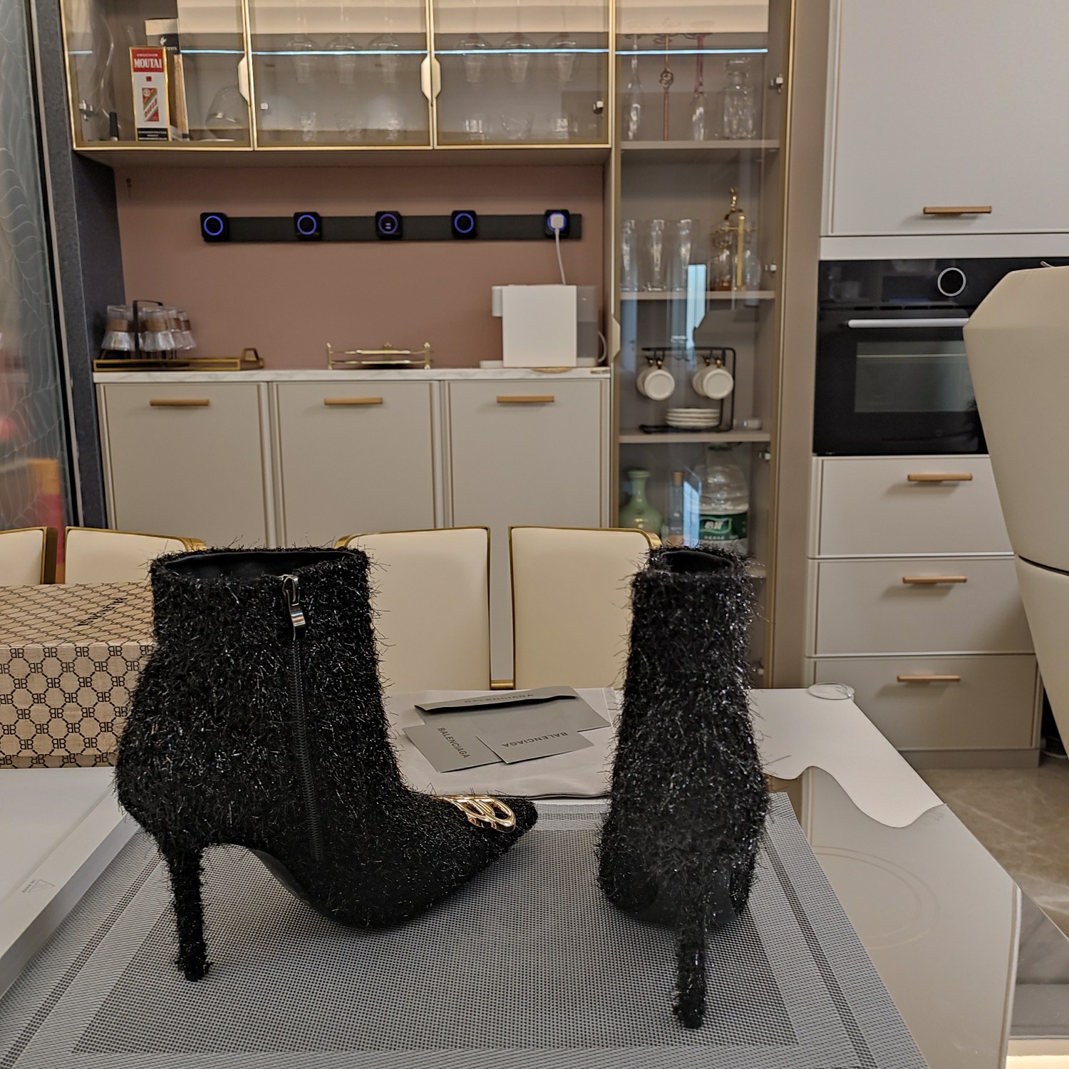 [TOP] BALENCIAGA 10cm High Heel Tweed Boots with BB Logo -  Black