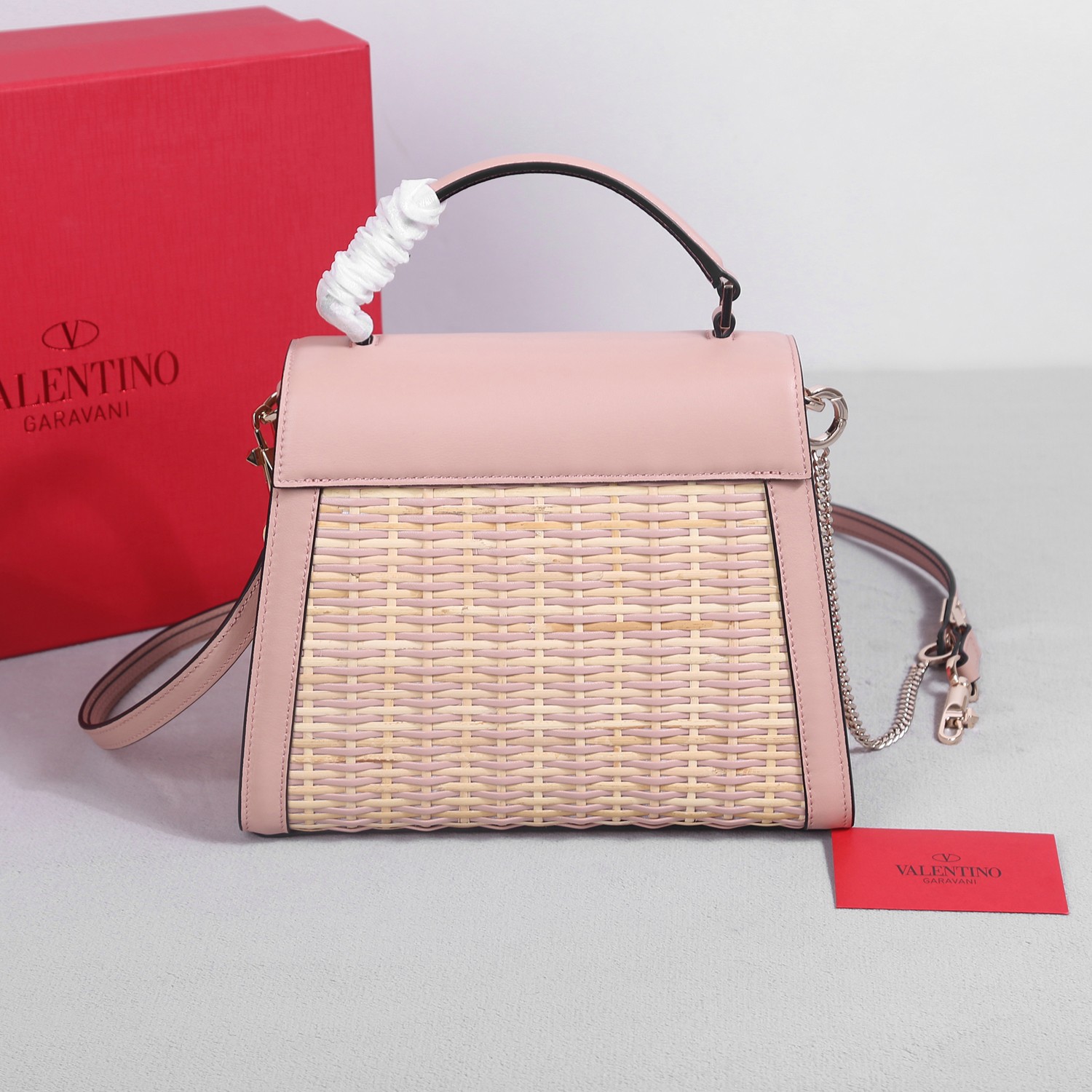 [TOP] VALENTINO Garavani Vsling Bag Calfskin & Bamboo Woven 25x15x11cm