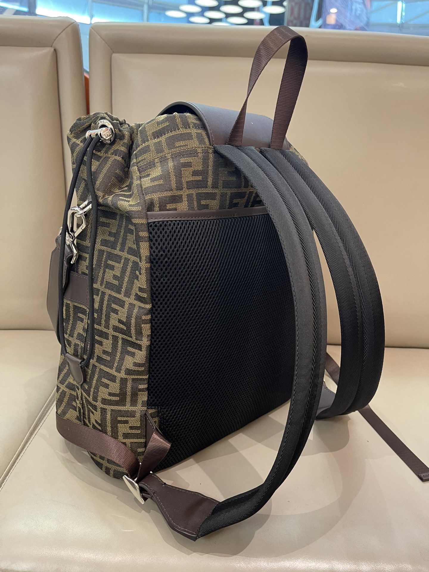 [TOP] FENDI FF Jacquard Fabric Backpack 31×16×36cm -Brown