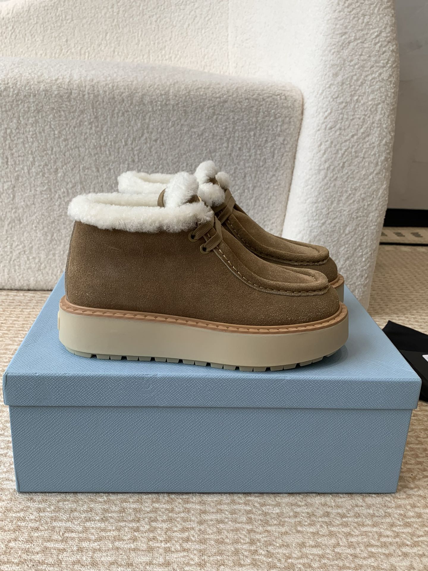 [TOP] PRADA Thick-soled Wool Ankle Boots - Brown