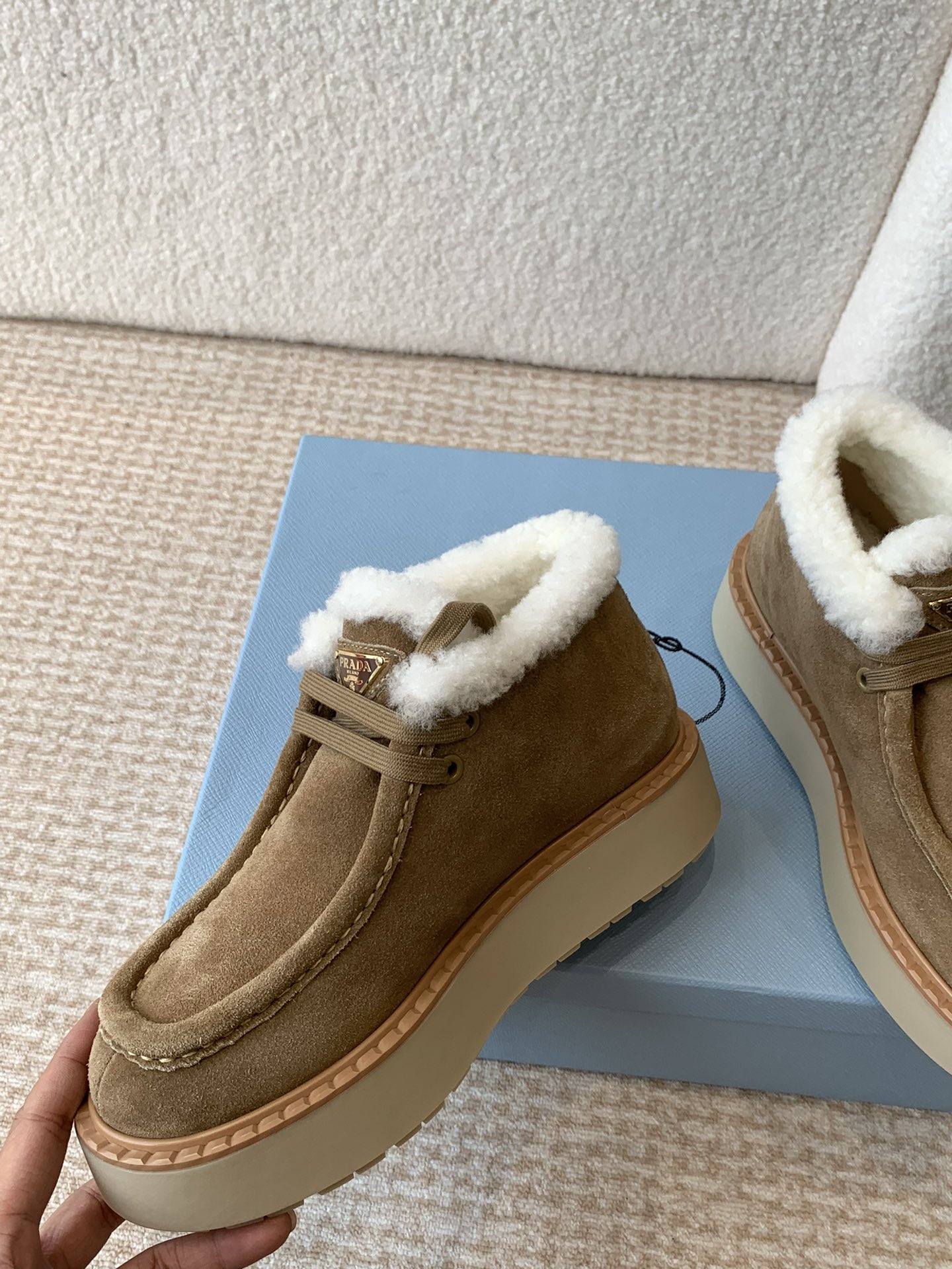 [TOP] PRADA Thick-soled Wool Ankle Boots - Brown