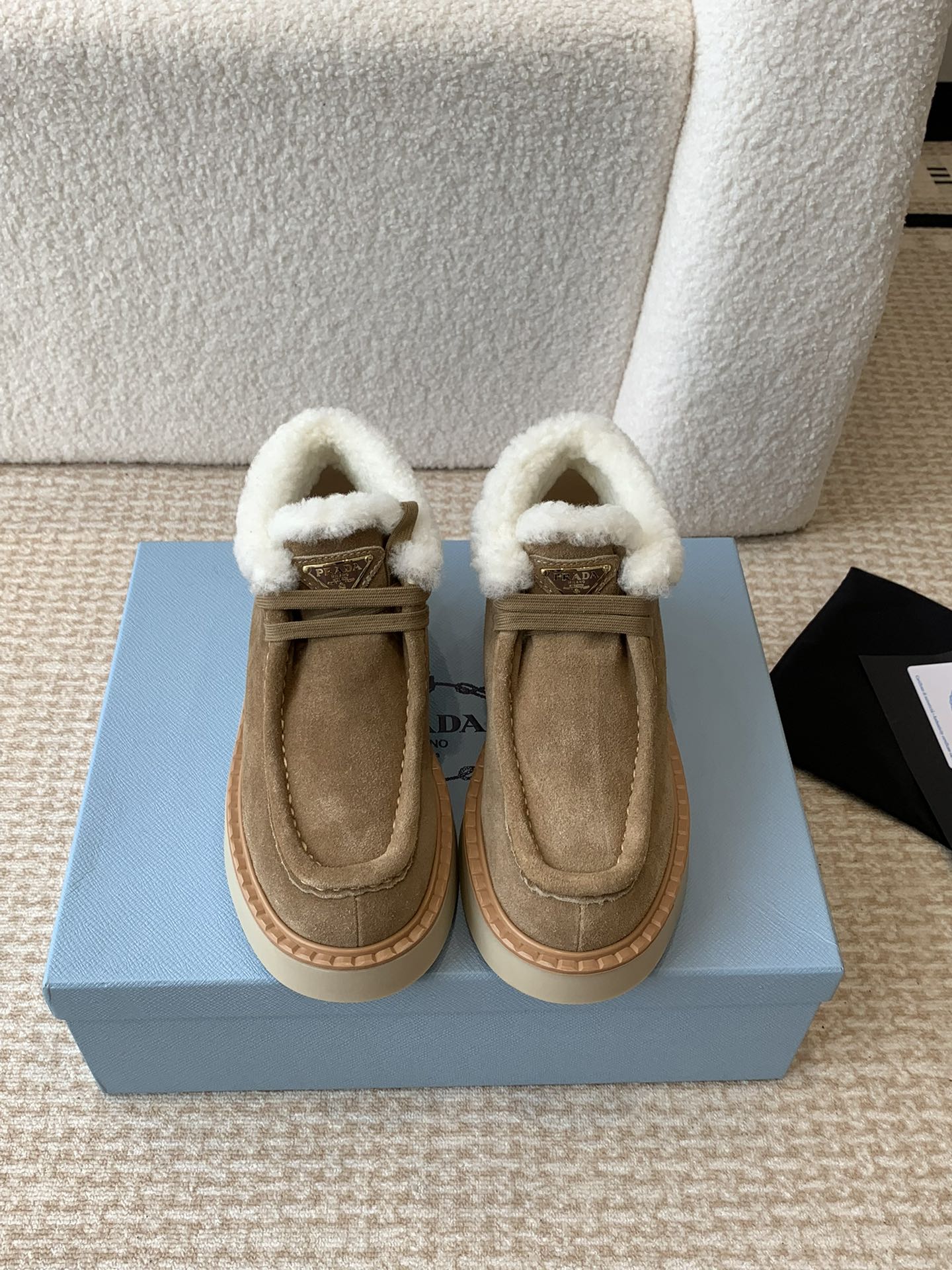 [TOP] PRADA Thick-soled Wool Ankle Boots - Brown