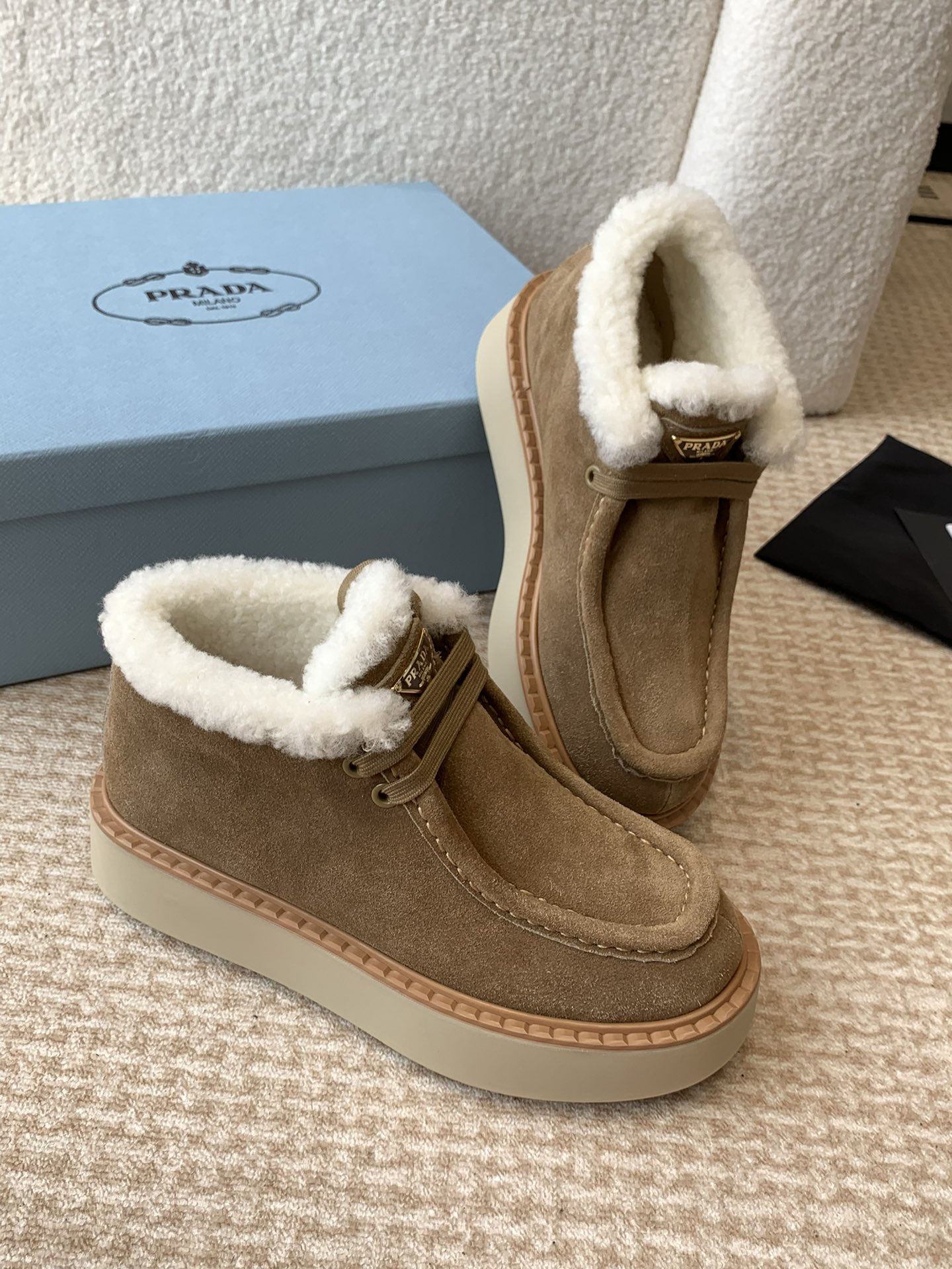 [TOP] PRADA Thick-soled Wool Ankle Boots - Brown