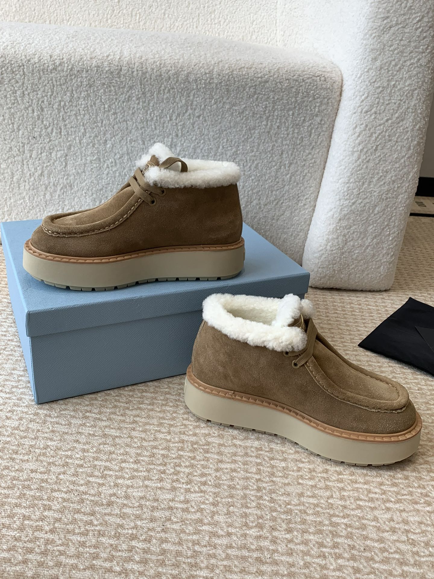 [TOP] PRADA Thick-soled Wool Ankle Boots - Brown