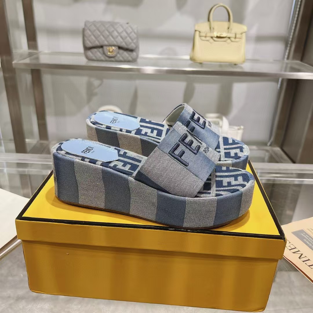 [TOP] FENDI FF Logo Slippers - Denim