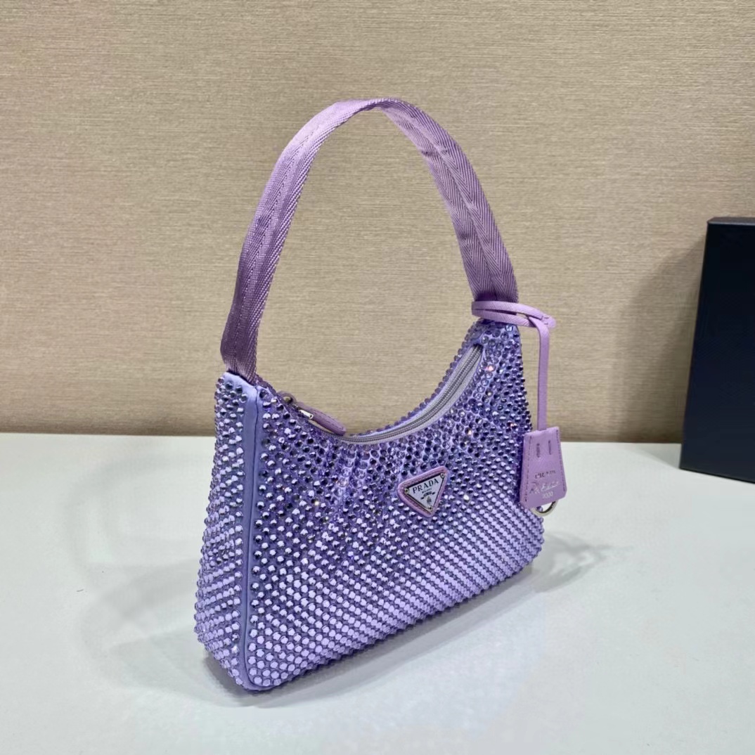 [TOP] PRADA Satin Crystal Mini Re-Edition 2000 Bag 23×13cm - Purple