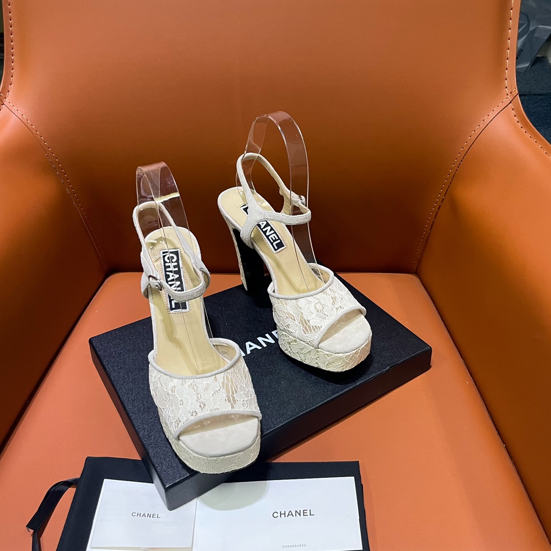 [TOP] CHANEL Lace CC 12cm High Heel Platform Sandals - 2 Color