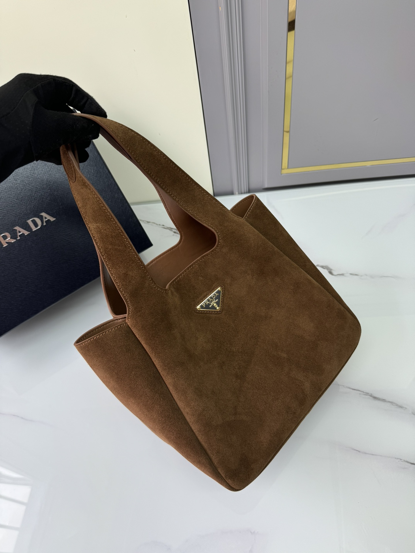 [Top] PRADA Sheepskin Bucket Bag 25x21.5x14cm/18x16x10cm - Brown