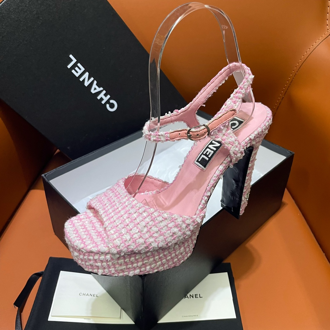 [TOP] CHANEL Tweed Crystal CC 12cm High Heel Platform Sandals - 3 Color
