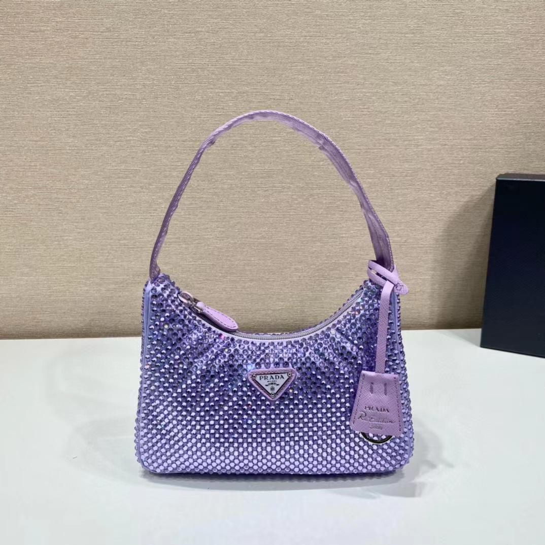 [TOP] PRADA Satin Crystal Mini Re-Edition 2000 Bag 23×13cm - Purple