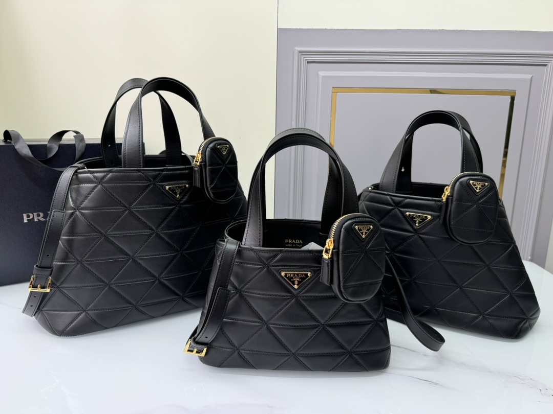 [TOP] PRADA Diamond-Shaped Cowhide Bag 26x17x13.5cm/35x22x15cm/38x25x17.5cm - Black