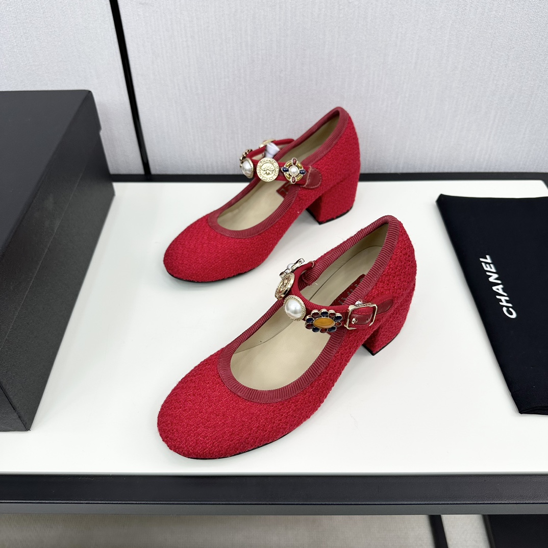 [TOP] CHANEL Mid Heel Tweed Crystal Platform Pumps - 4 Color