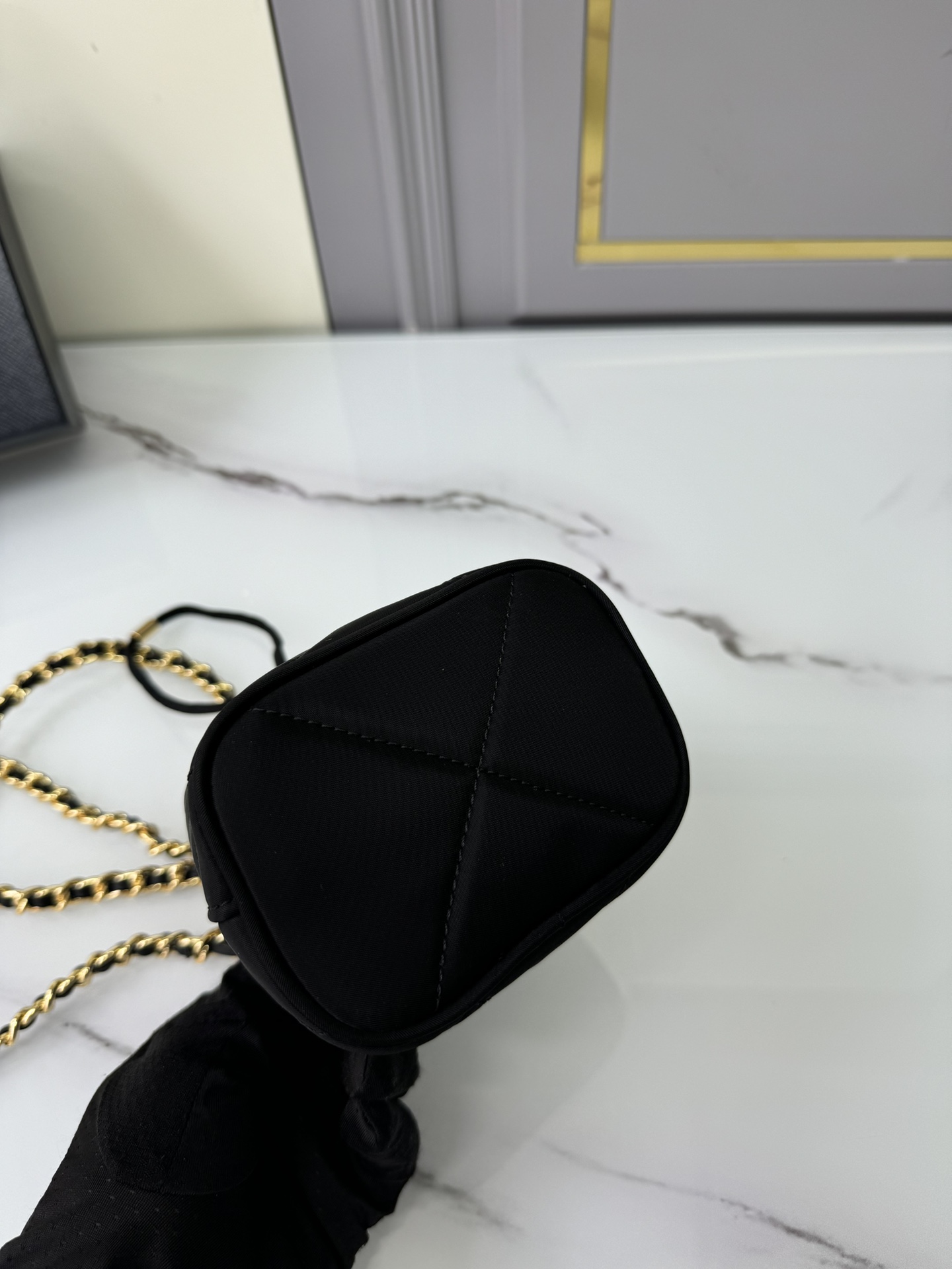 [Top] PRADA Embroidered Checked Bucket Bag 10x12x7cm - Black