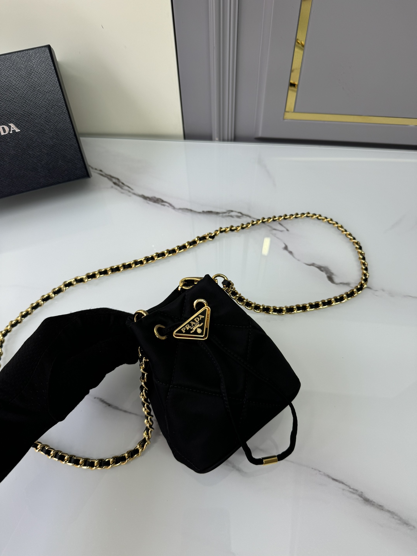 [Top] PRADA Embroidered Checked Bucket Bag 10x12x7cm - Black