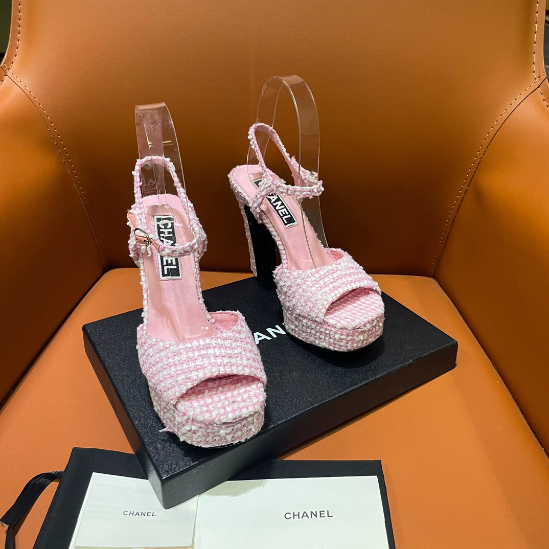 [TOP] CHANEL Tweed Crystal CC 12cm High Heel Platform Sandals - 3 Color