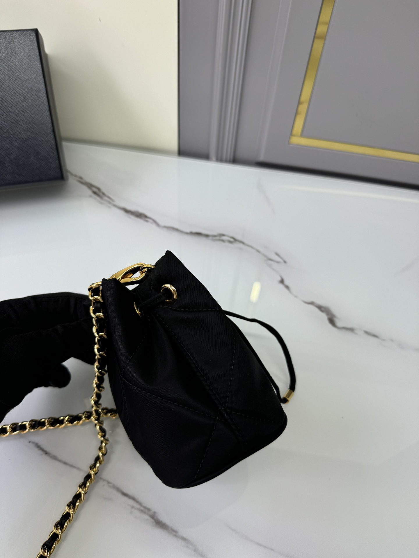 [Top] PRADA Embroidered Checked Bucket Bag 10x12x7cm - Black