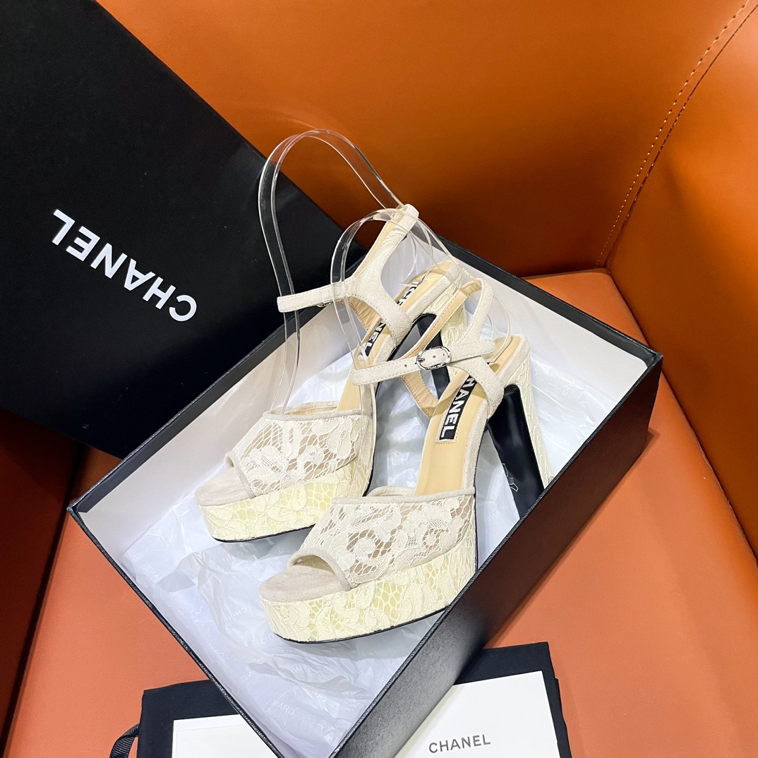 [TOP] CHANEL Lace CC 12cm High Heel Platform Sandals - 2 Color
