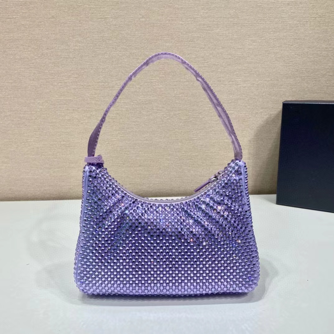 [TOP] PRADA Satin Crystal Mini Re-Edition 2000 Bag 23×13cm - Purple