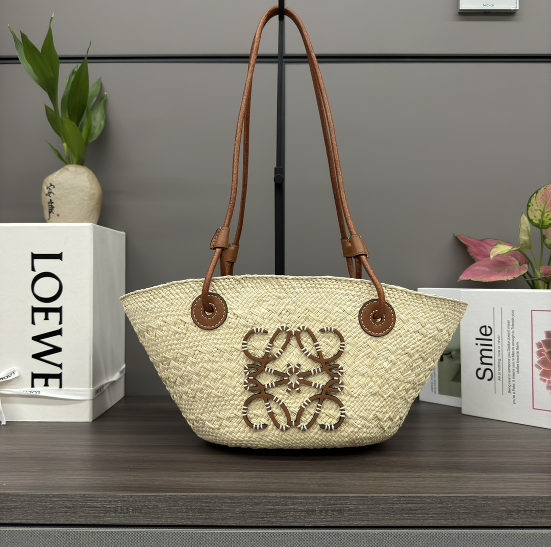 [TOP] LOEWE Anagram Basket Bag in Iraca Palm and Calfskin 34*13*16.5CM - 2 Colour