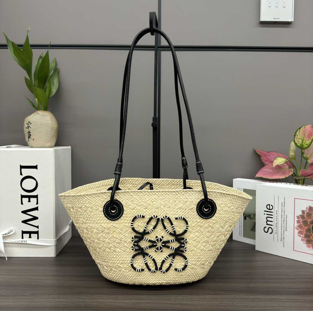 [TOP] LOEWE Anagram Basket Bag in Iraca Palm and Calfskin 34*13*16.5CM - 2 Colour