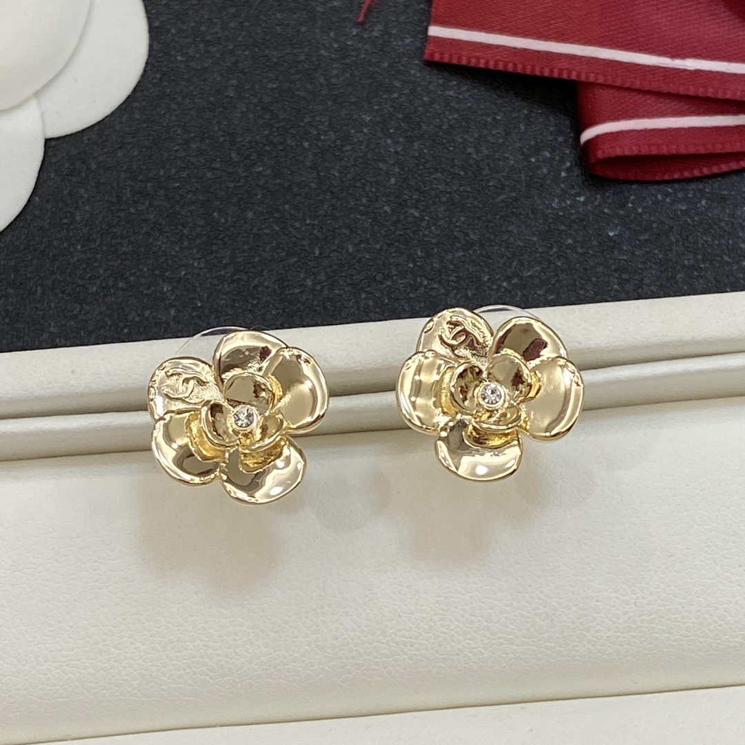 [TOP] CHANEL CC Flower Earrings - Gold