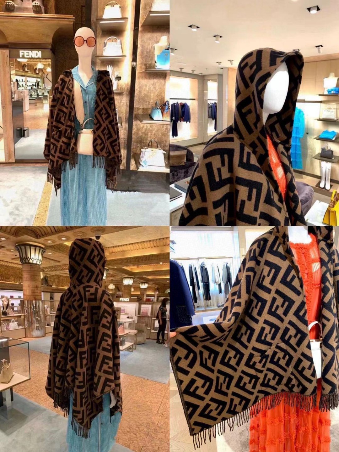[TOP] FENDI FF Hooded Cape Shawl - Brown