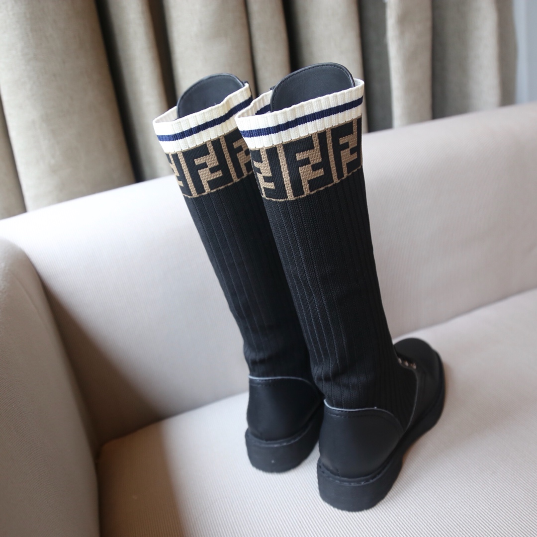 [TOP] FENDI FF Knitted Long Boots - Black