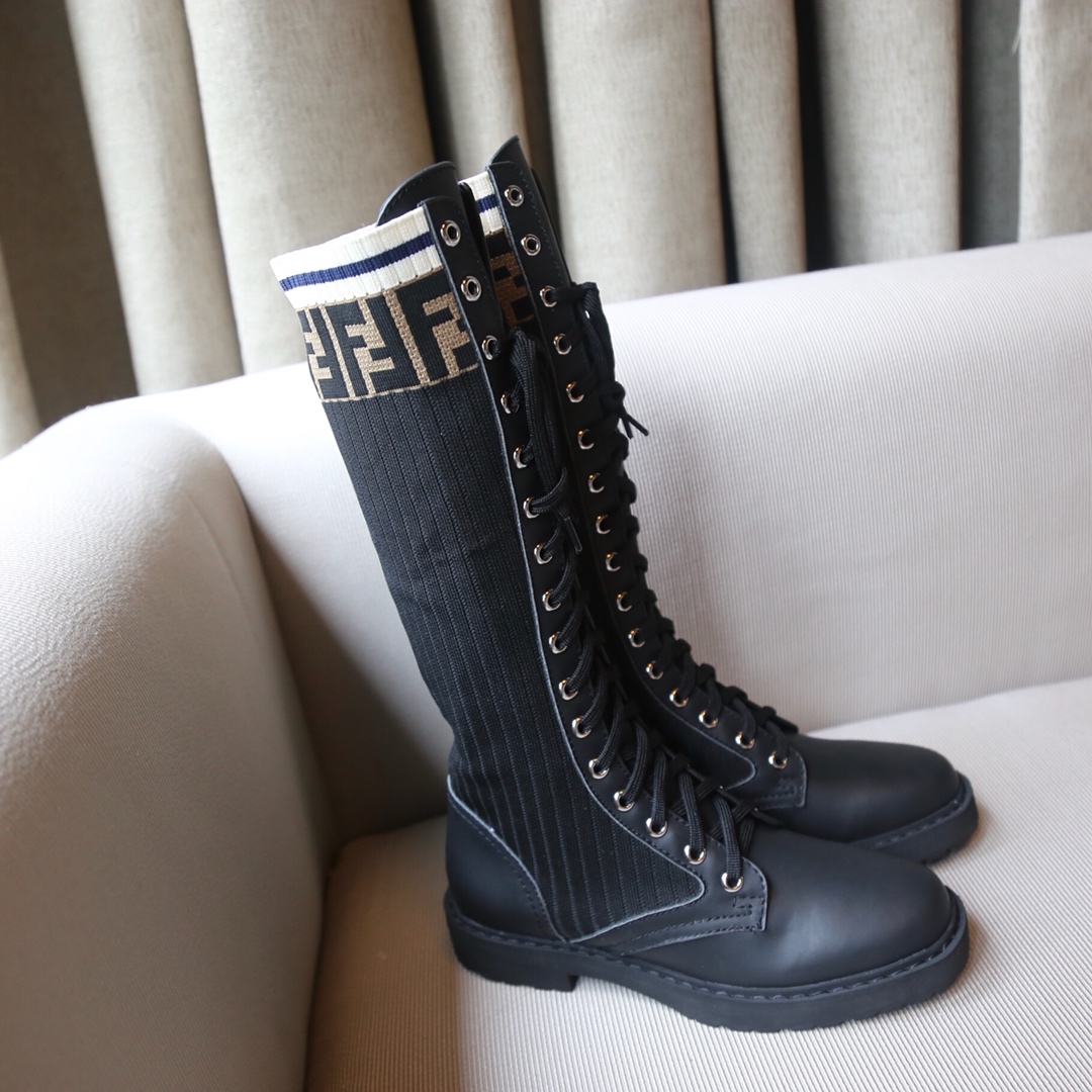 [TOP] FENDI FF Knitted Long Boots - Black