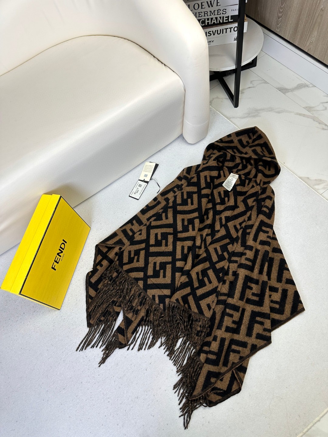 [TOP] FENDI FF Hooded Cape Shawl - Brown