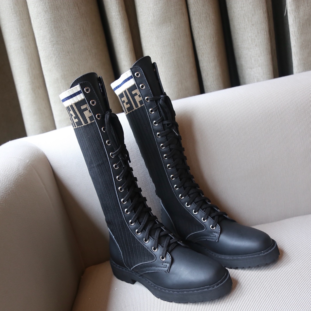 [TOP] FENDI FF Knitted Long Boots - Black