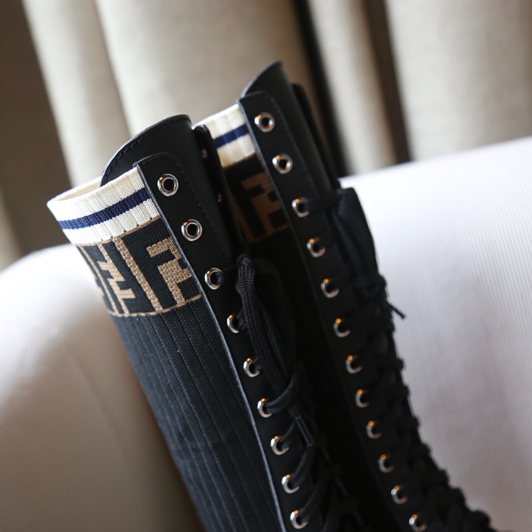 [TOP] FENDI FF Knitted Long Boots - Black