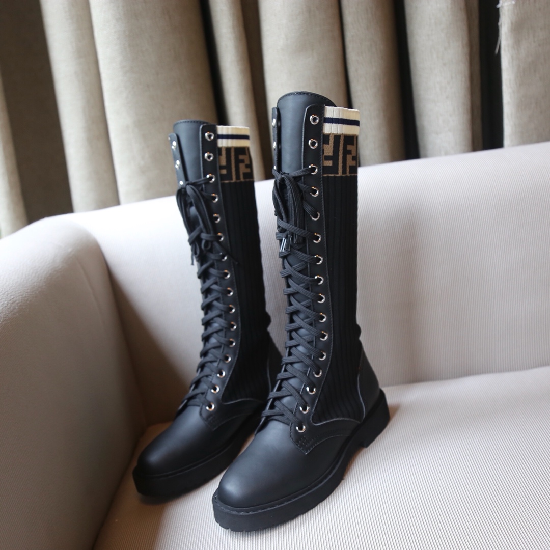 [TOP] FENDI FF Knitted Long Boots - Black