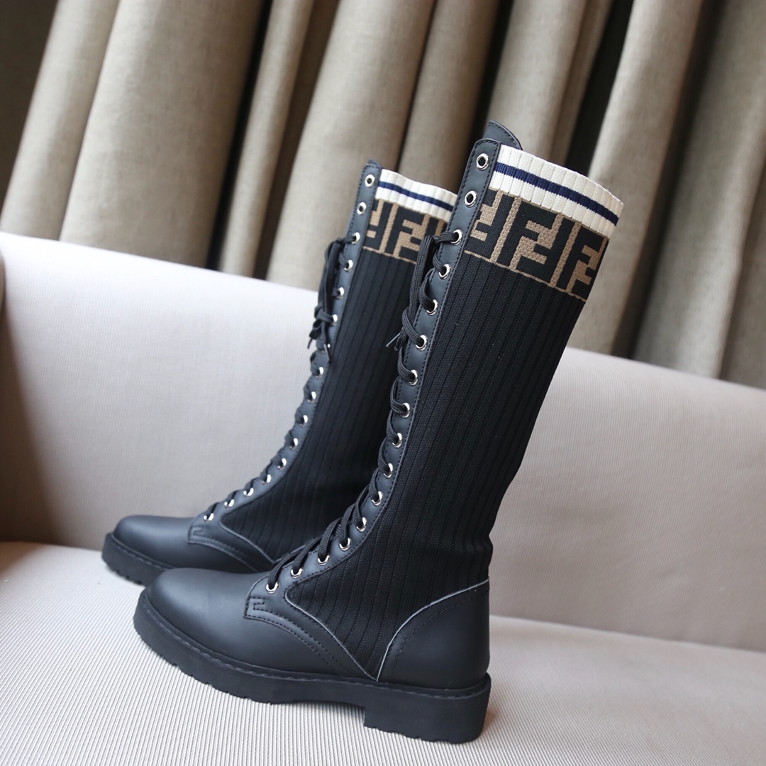 [TOP] FENDI FF Knitted Long Boots - Black