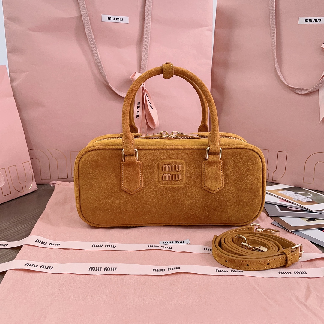 [TOP] Miu Miu Arcadie Suede Top Handle Bag 22x10.5x7.5cm/27x12x9cm - Yellow,  Brown