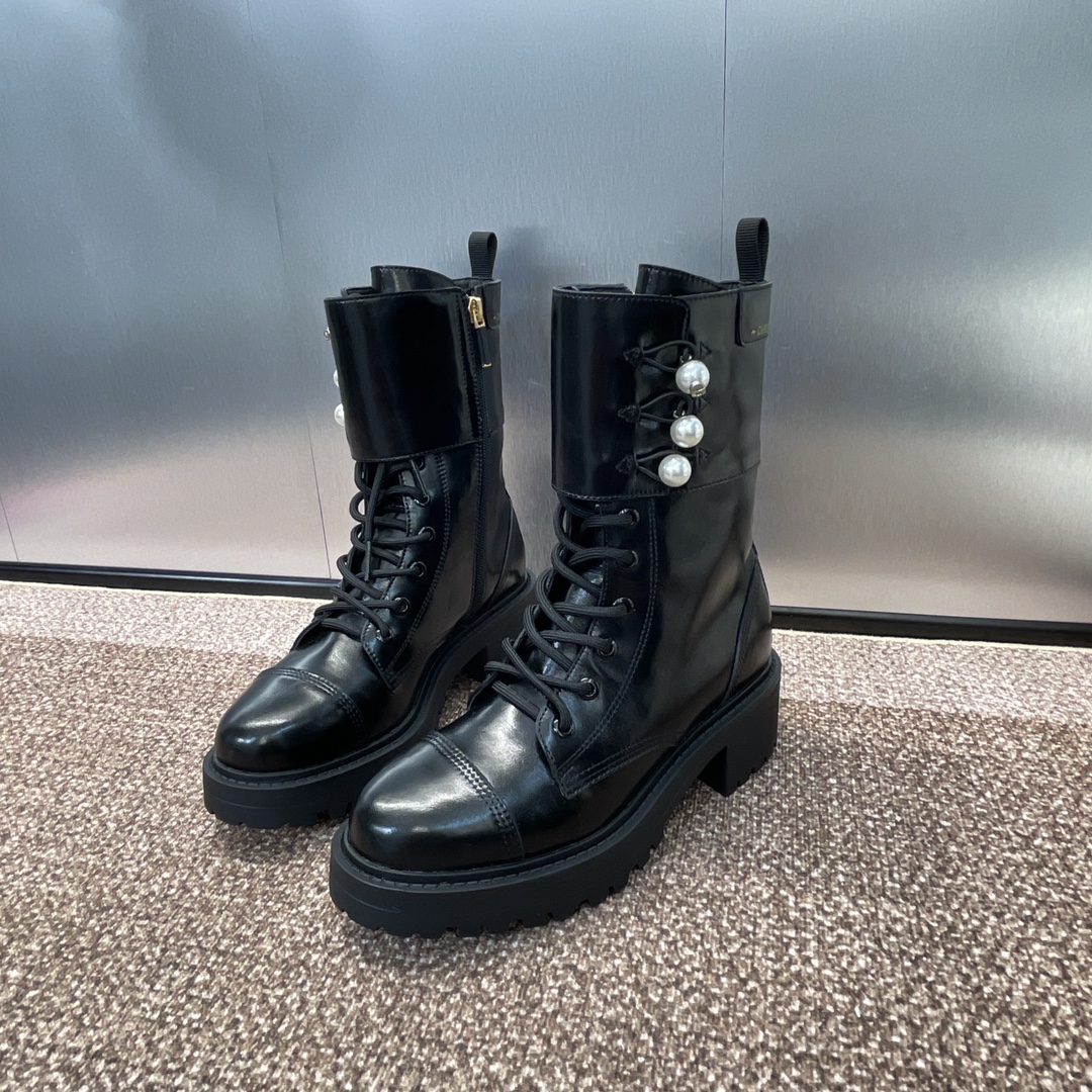 [TOP] Christian Dior 3cm Low Heel D-Strike Lace-up Boots with CD Letters and Pearls - Black