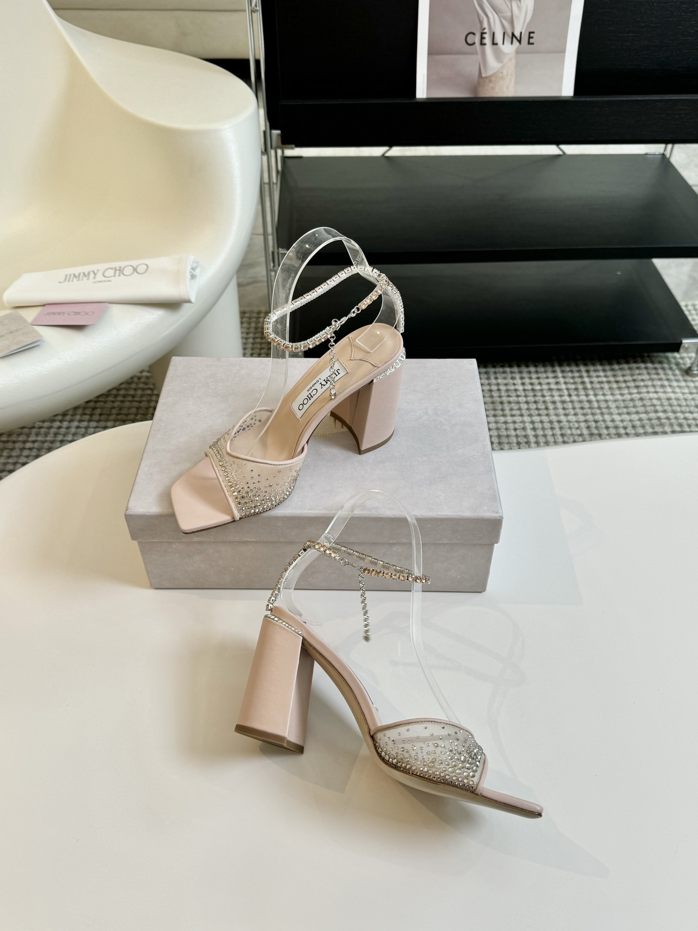 [TOP] Jimmy Choo Crystal Diamond Chain Chunky Heel 9cm High Heel Sandals - Pink