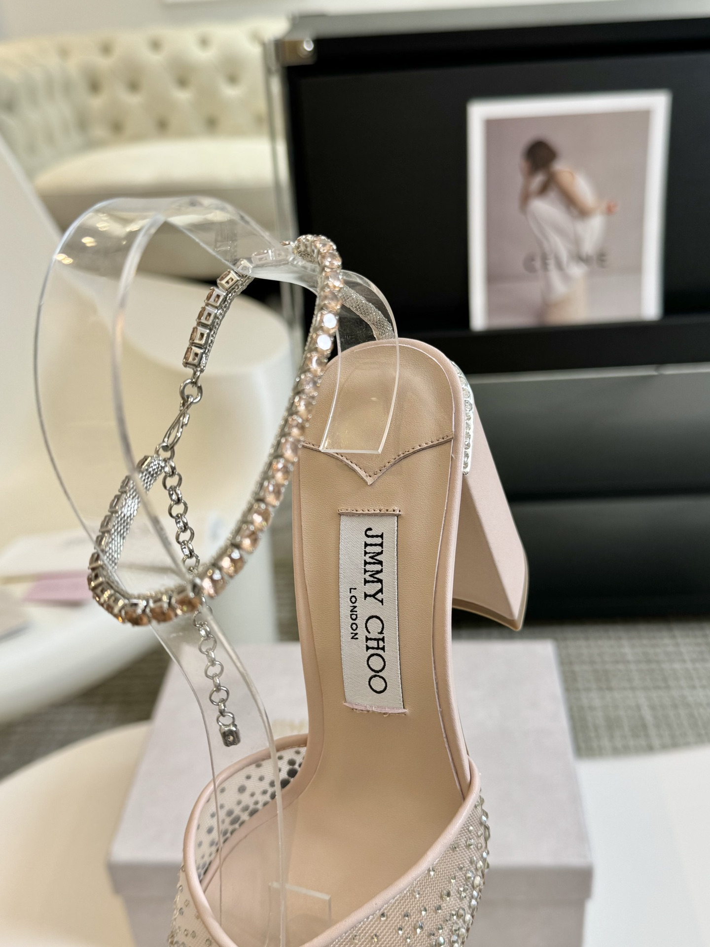 [TOP] Jimmy Choo Crystal Diamond Chain Chunky Heel 9cm High Heel Sandals - Pink