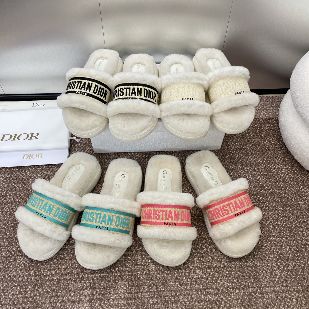 [TOP] Christian Dior IVIERA EVOLUTION Embroidery LOGO Rattan Grid Thick Bottom Fur Slippers - 4 Color
