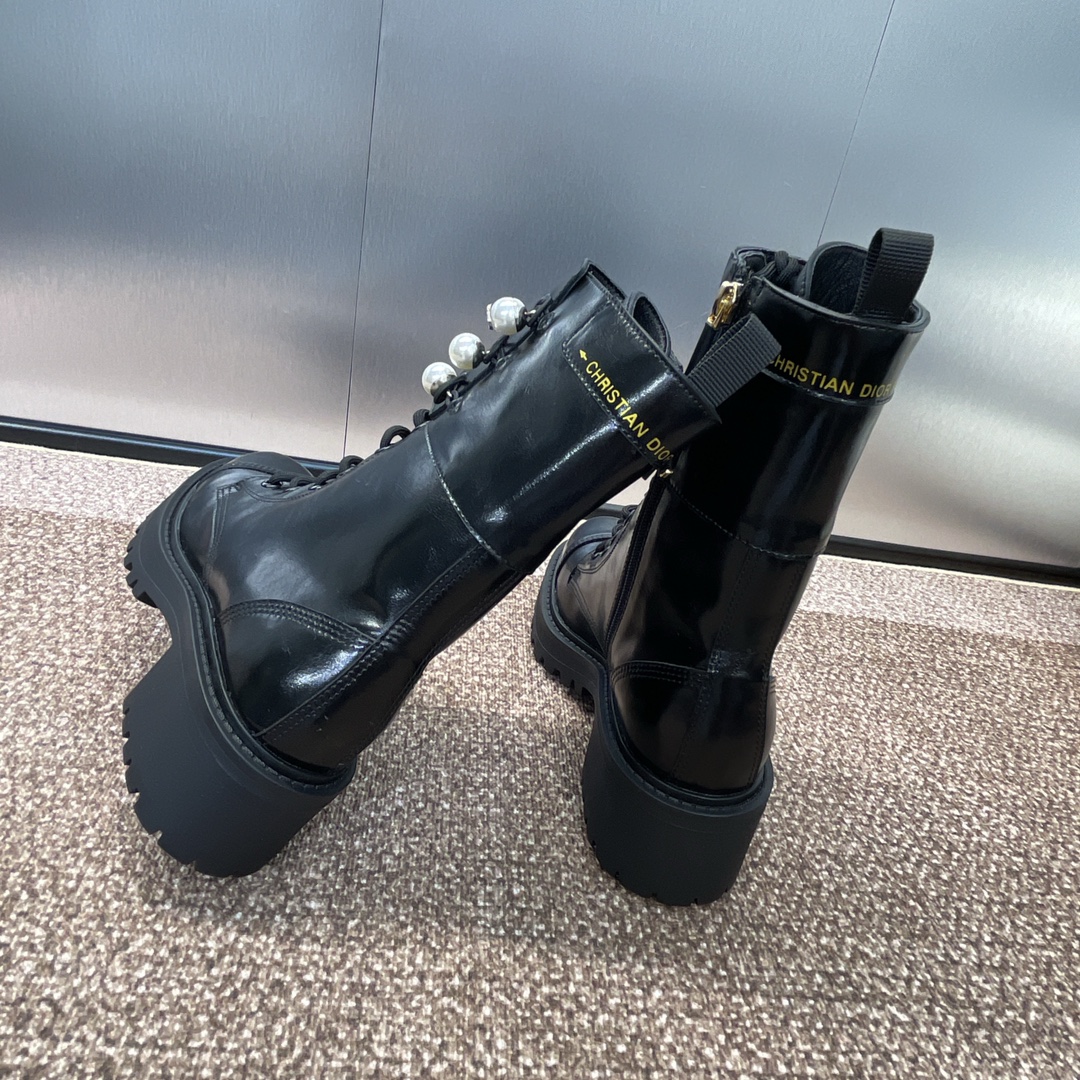 [TOP] Christian Dior 3cm Low Heel D-Strike Lace-up Boots with CD Letters and Pearls - Black